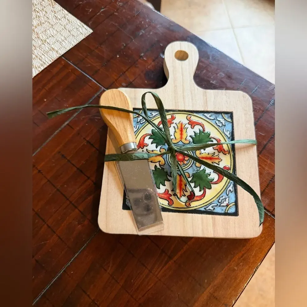 Decorative Wooden Cheese Board with Knife New